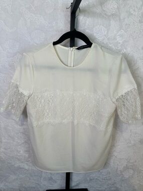 Zara Cream Lace-Panel Short Sleeve Blouse